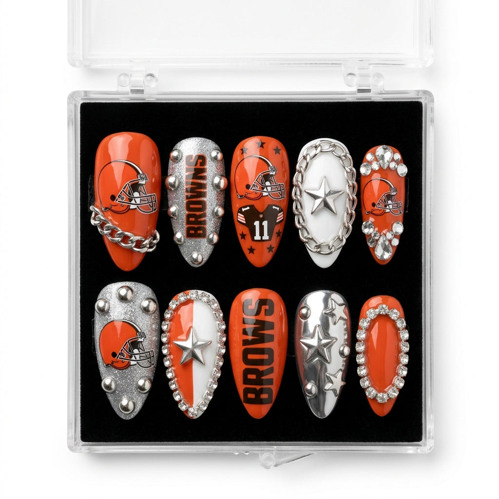 Cleveland Browns Handmade Press On Nails | Reusable 3D Nail Set