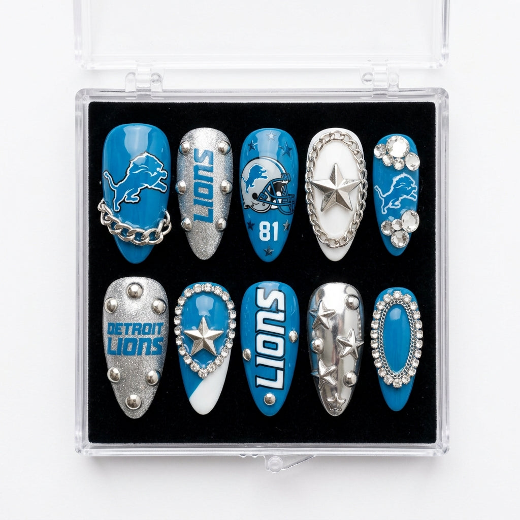 Detroit Lions Handmade Press On Nails | Reusable 3D Nail Set