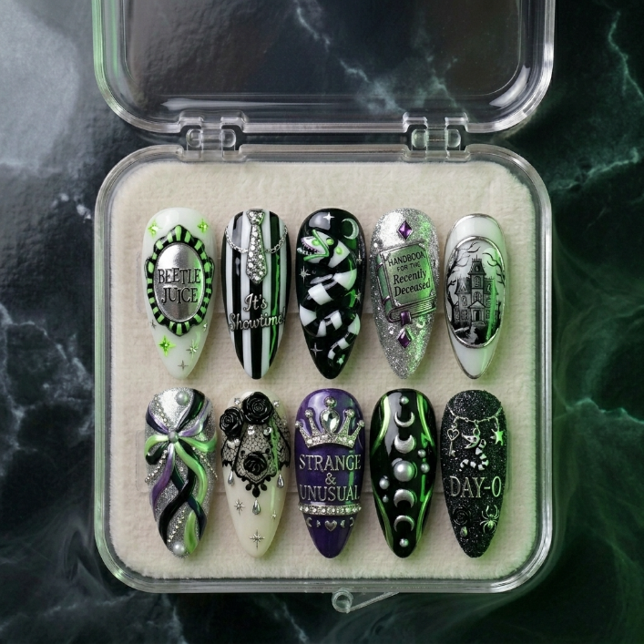 Beetlejuice Handmade Press On Nails | Reusable 3D Nail Set
