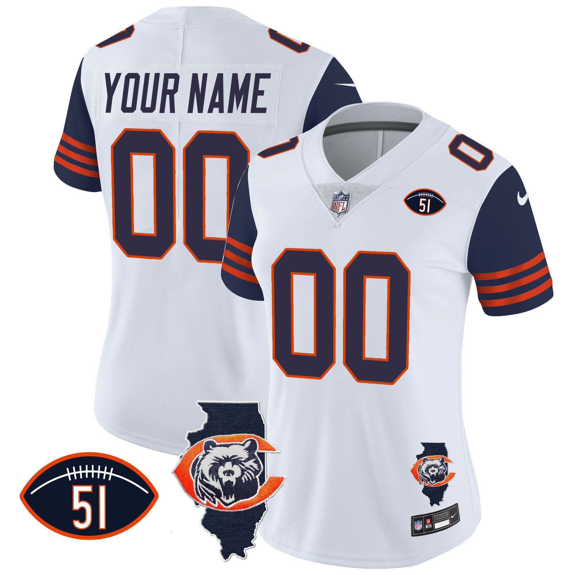Bears Throwback Illinois Patch Vapor Custom Jersey - All Stitched