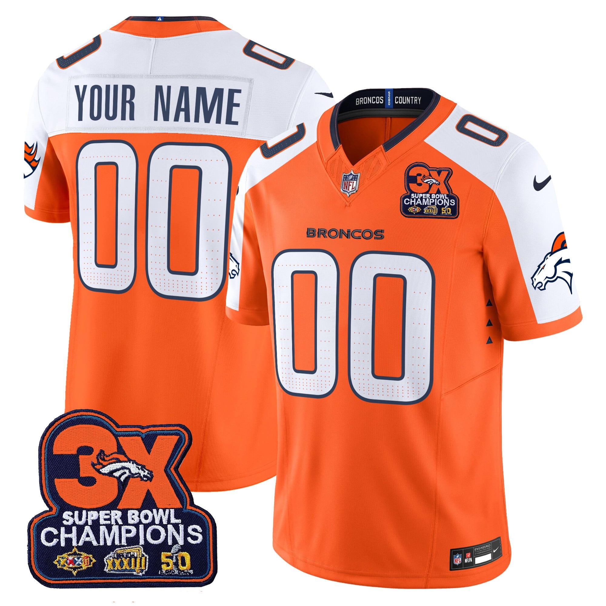 Custom Name/Gender Denver Broncos 3-Time Champions Patch Vapor Limited Jersey - All Stitched