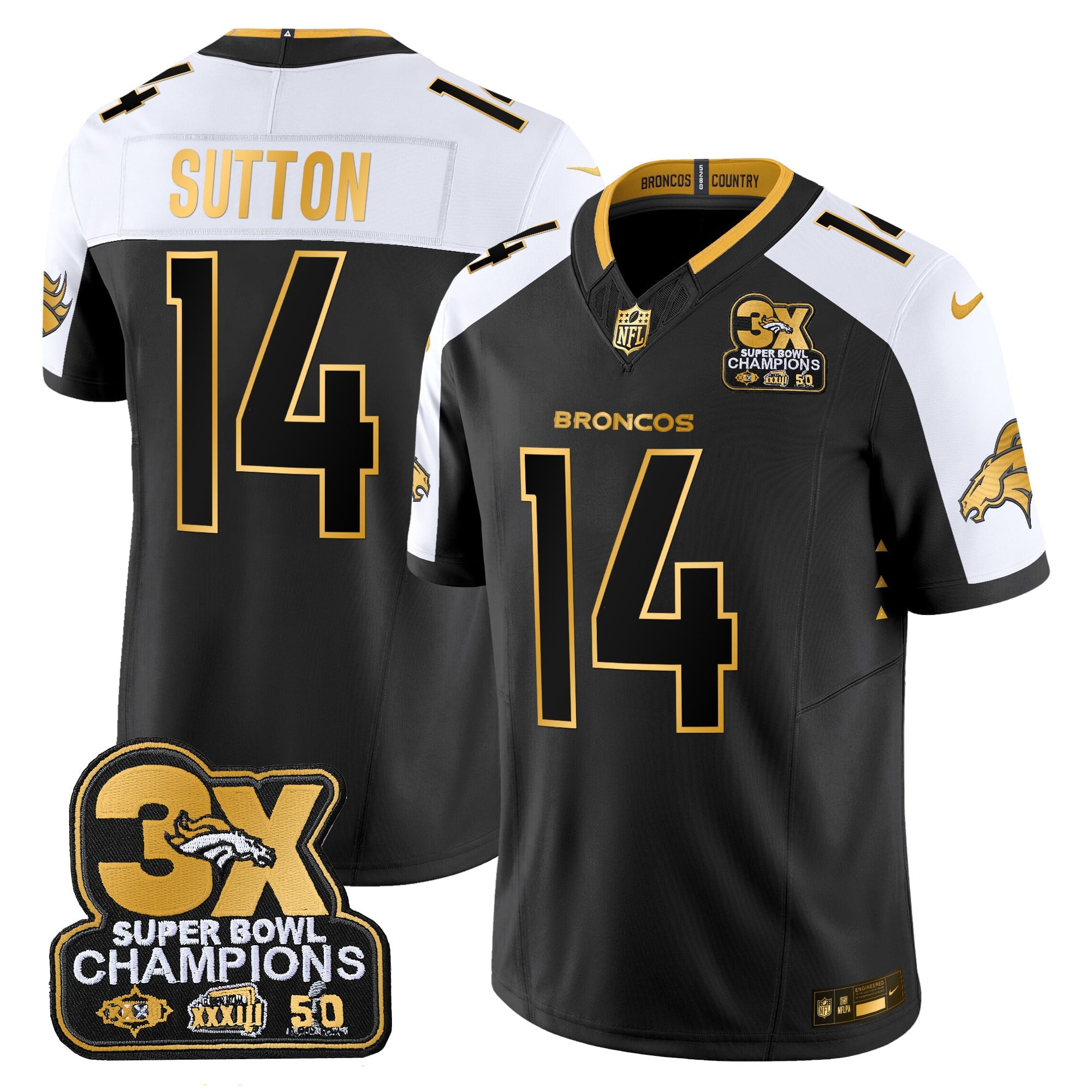 Men's Denver Broncos 3-Time Champions Patch Gold Vapor Limited Jersey - All Stitched