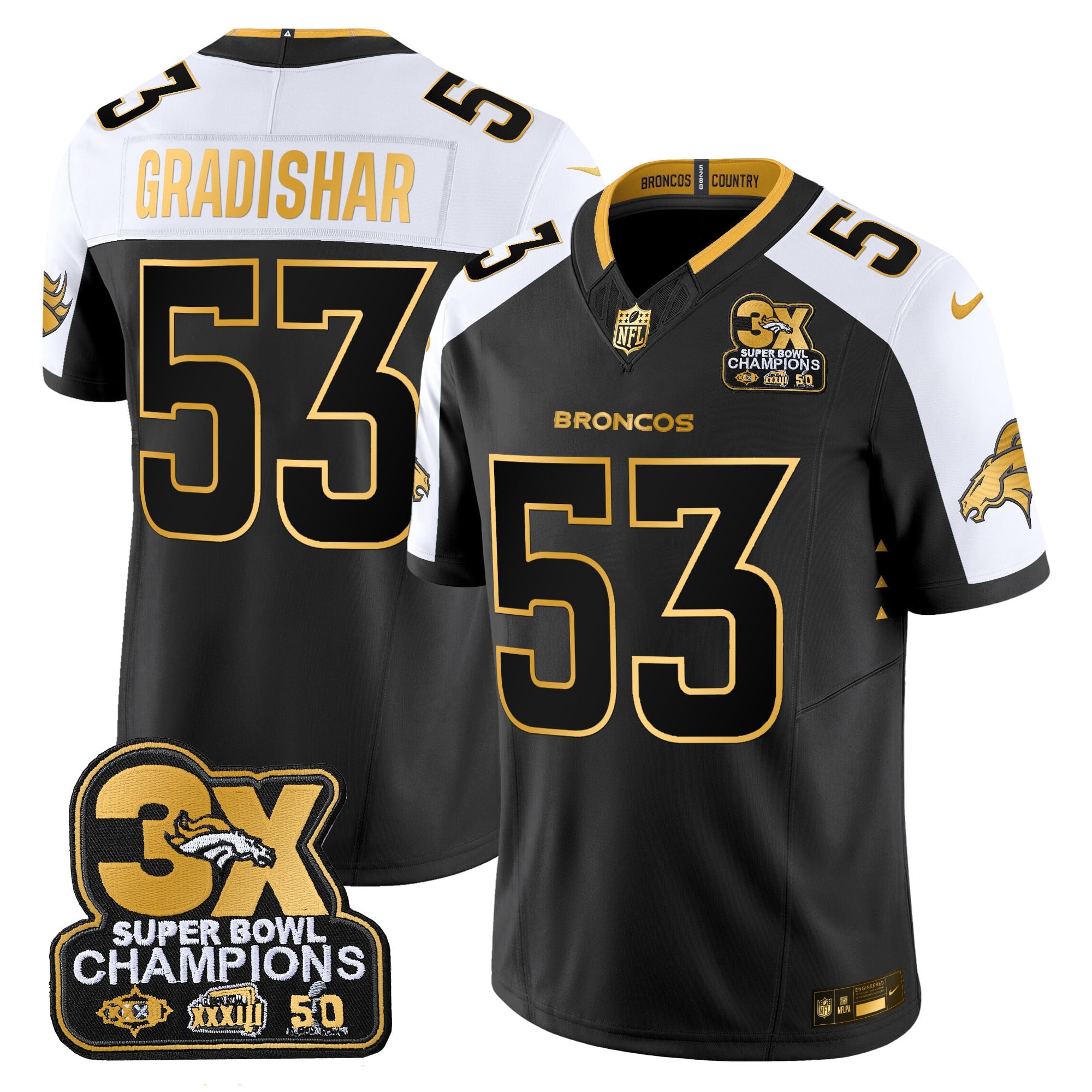 Men's Denver Broncos 3-Time Champions Patch Gold Vapor Limited Jersey - All Stitched