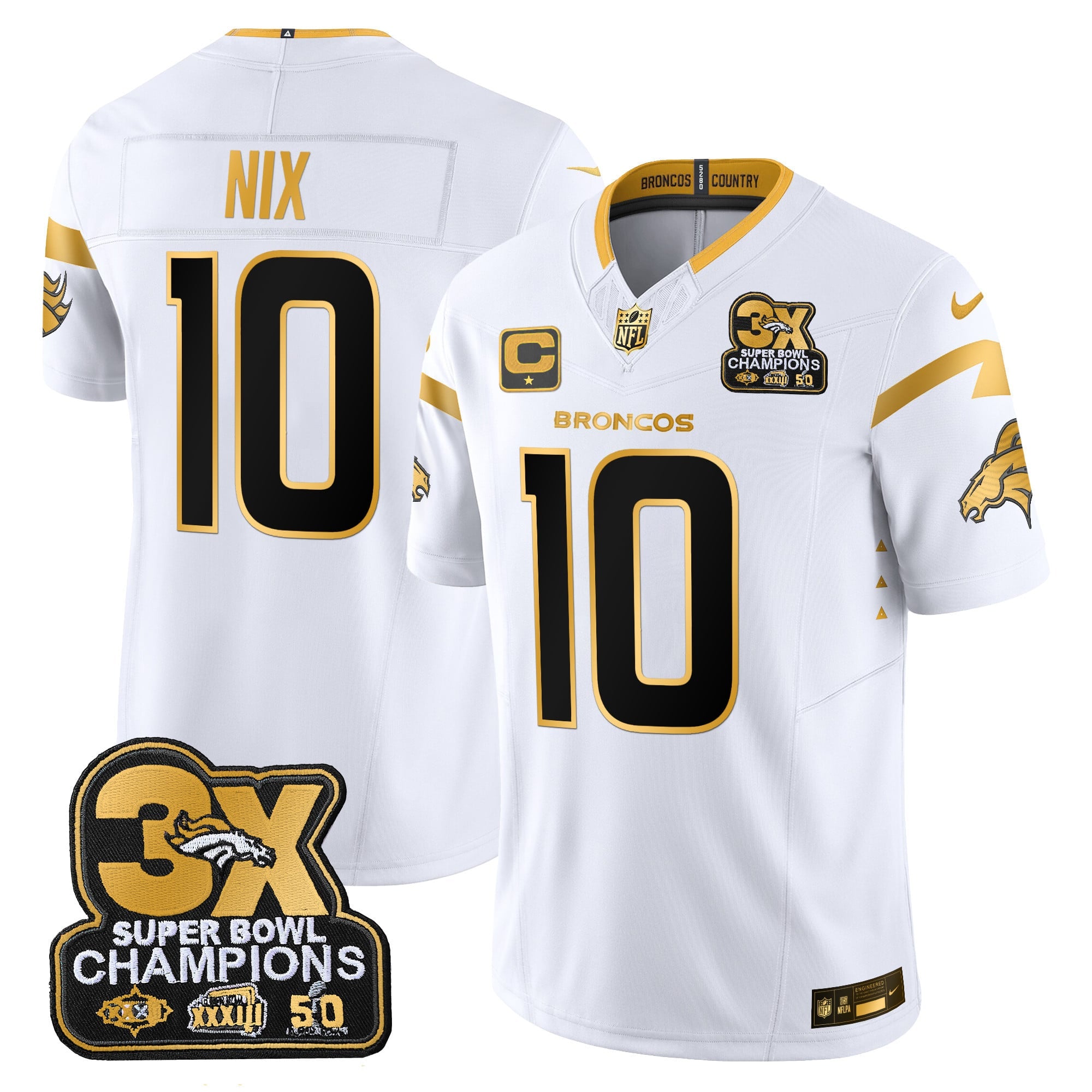 Men's Denver Broncos 3-Time Champions Patch Gold Vapor Limited Jersey - All Stitched
