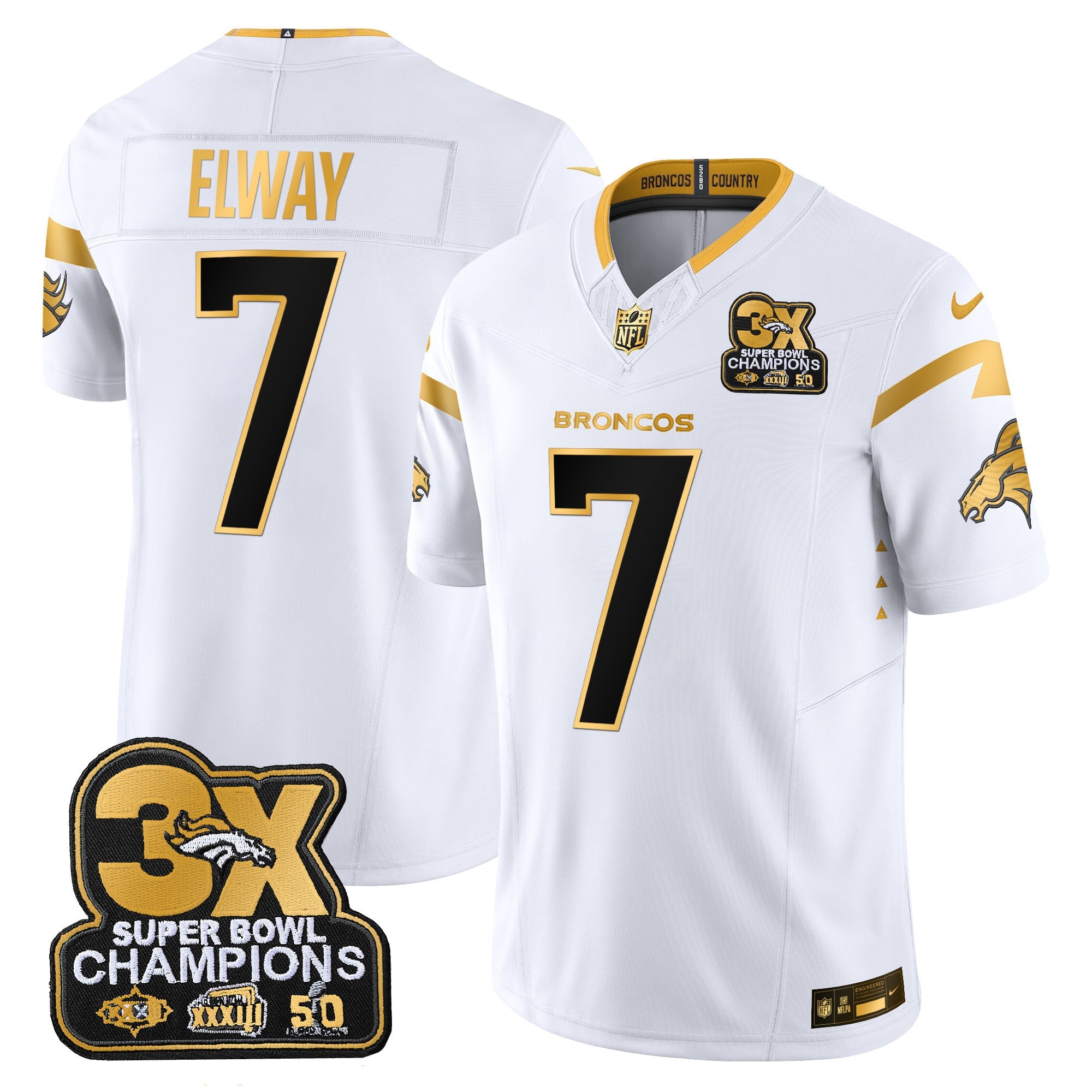Men's Denver Broncos 3-Time Champions Patch Gold Vapor Limited Jersey - All Stitched