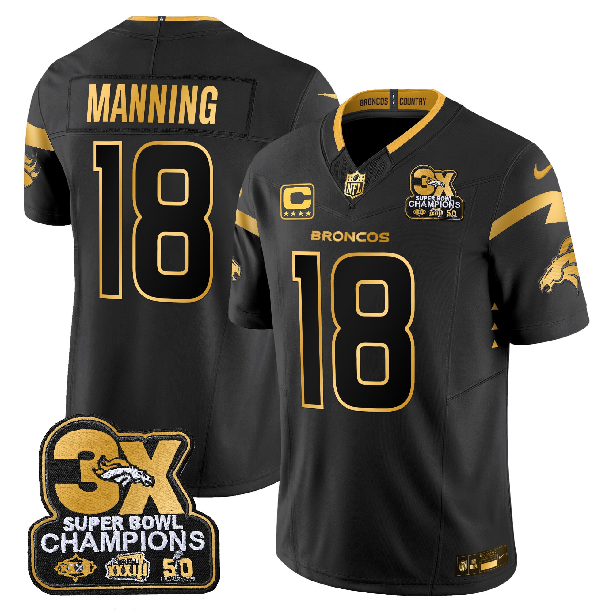 Men's Denver Broncos 3-Time Champions Patch Gold Vapor Limited Jersey - All Stitched