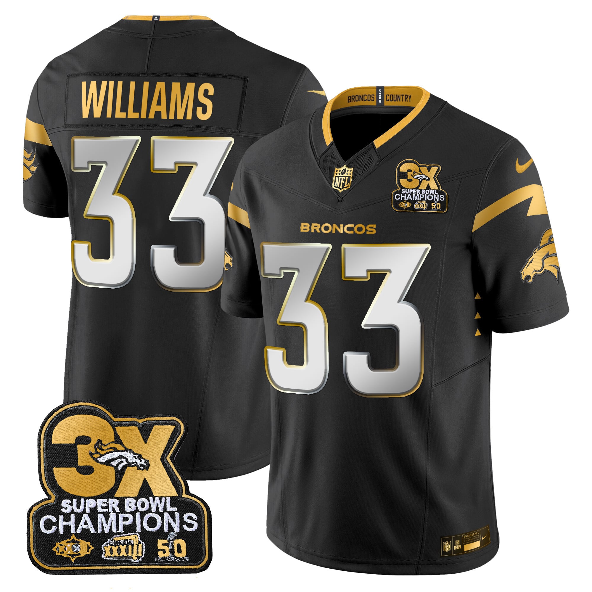 Men's Denver Broncos 3-Time Champions Patch Gold Vapor Limited Jersey - All Stitched