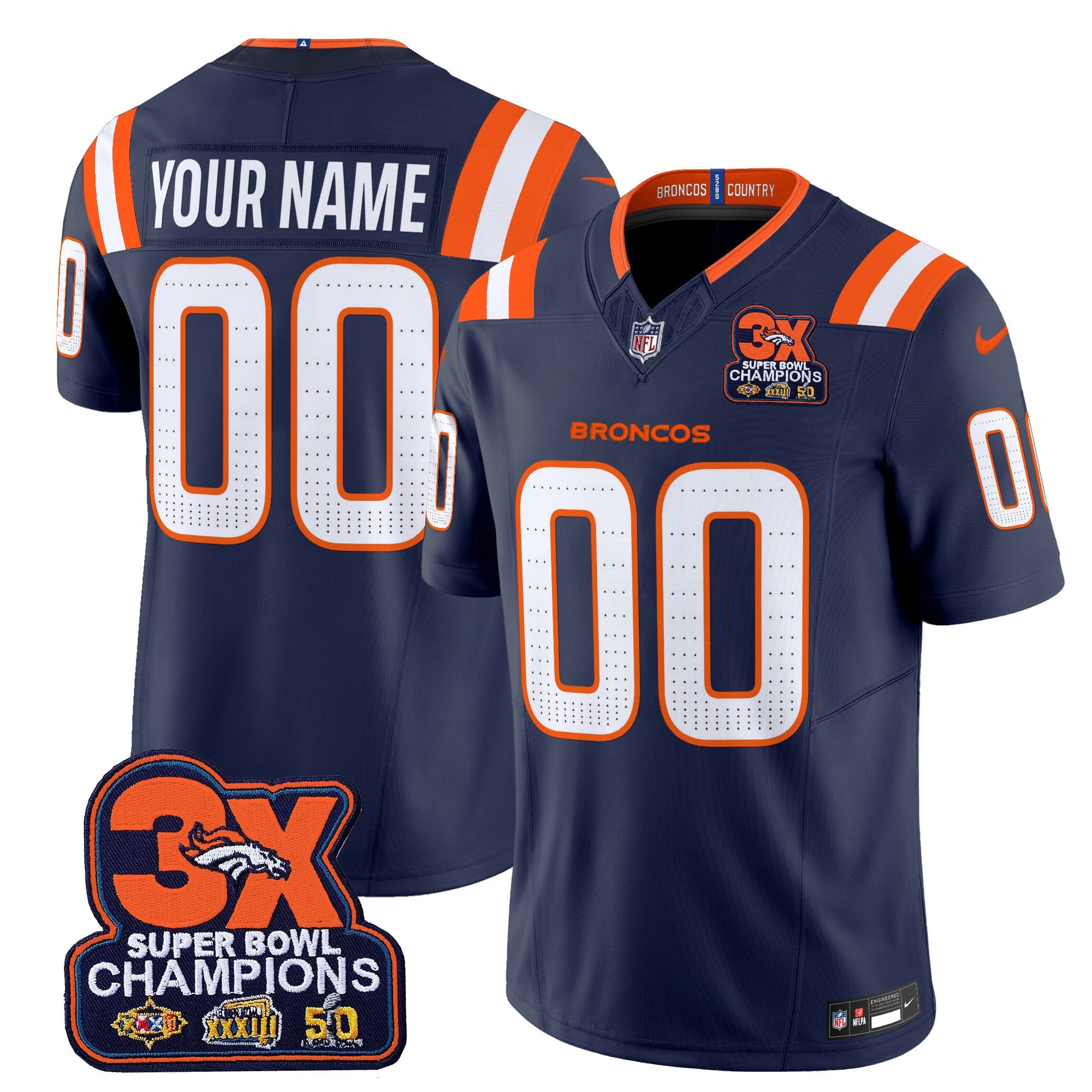 Custom Denver Broncos 3-Time Champions Patch Vapor Limited Jersey V2 - All Stitched