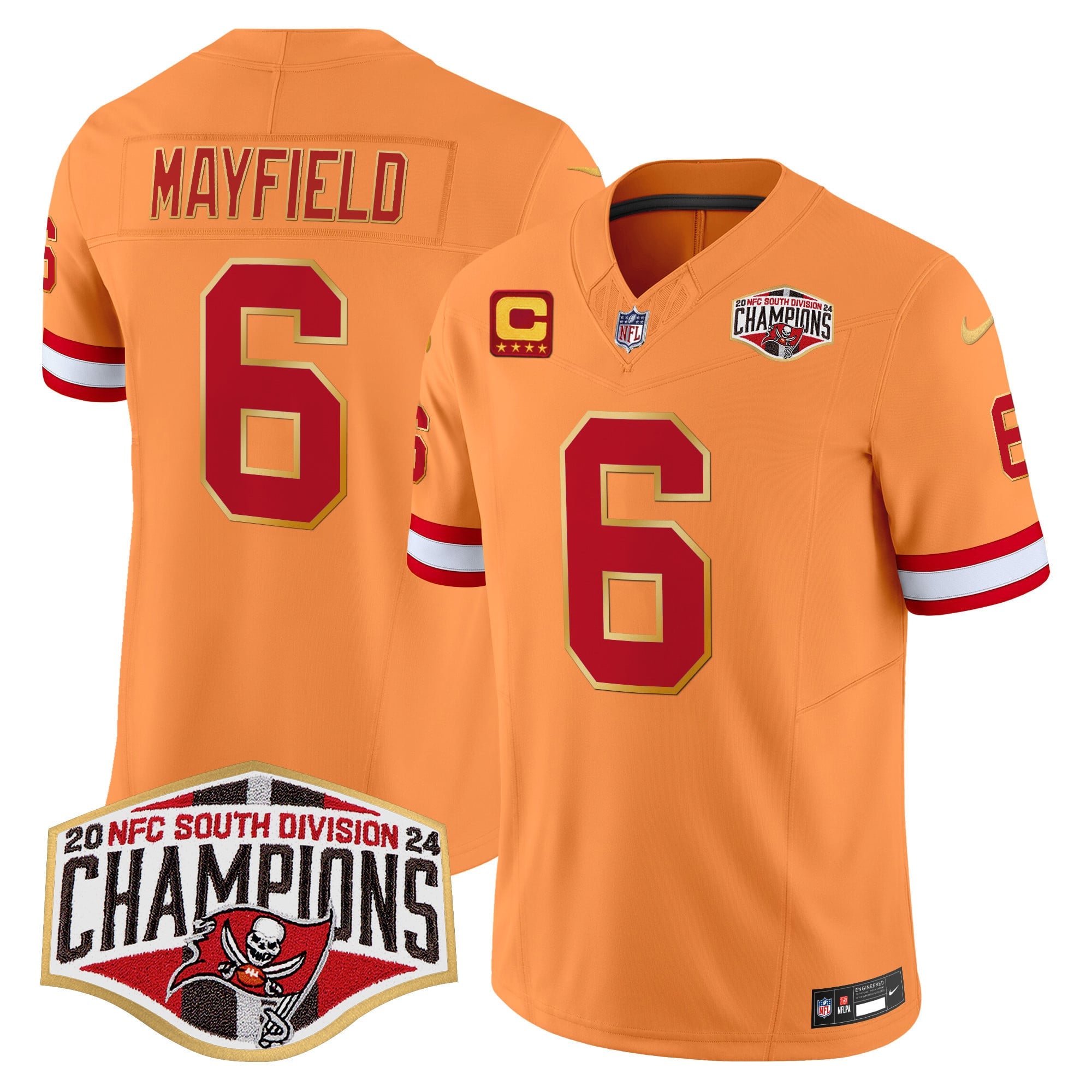 Men's Buccaneers Creamsicle 2024 NFC South Division Champions Patch Gold Trim Vapor Limited Jersey - All Stitched