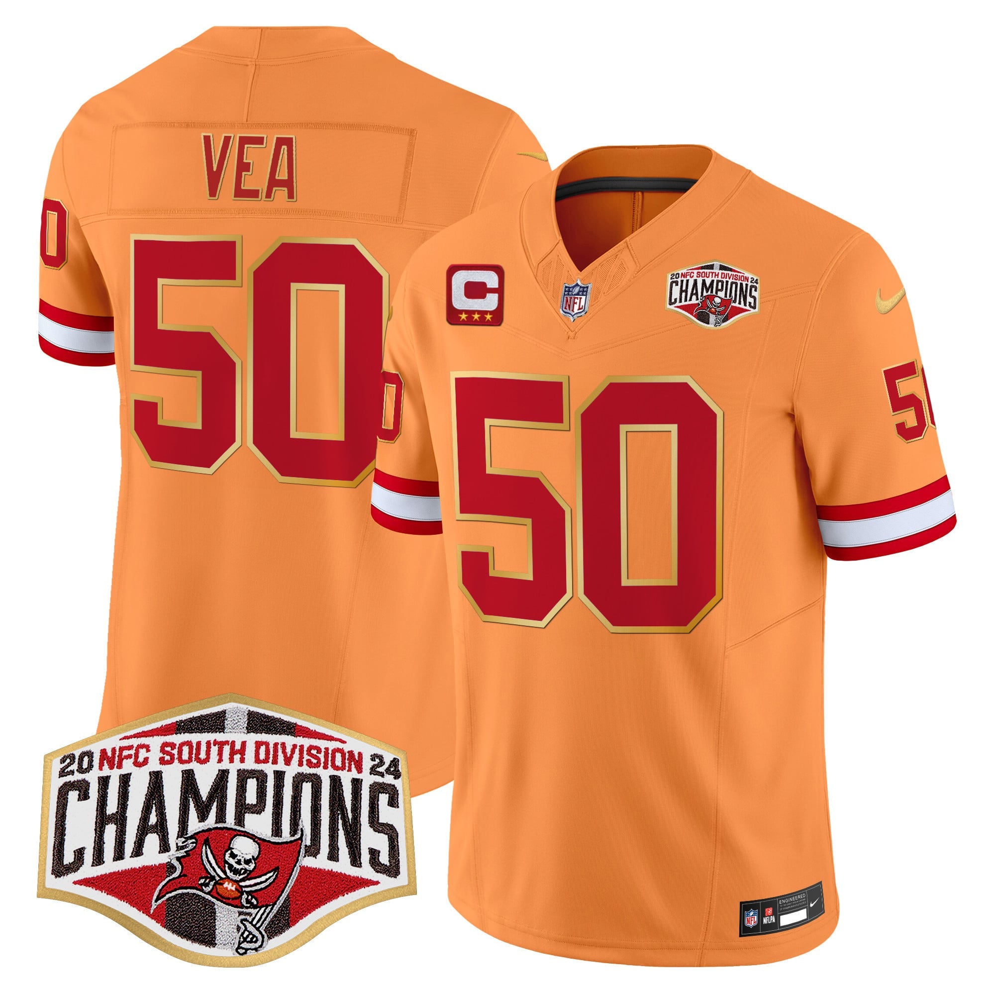 Men's Buccaneers Creamsicle 2024 NFC South Division Champions Patch Gold Trim Vapor Limited Jersey - All Stitched