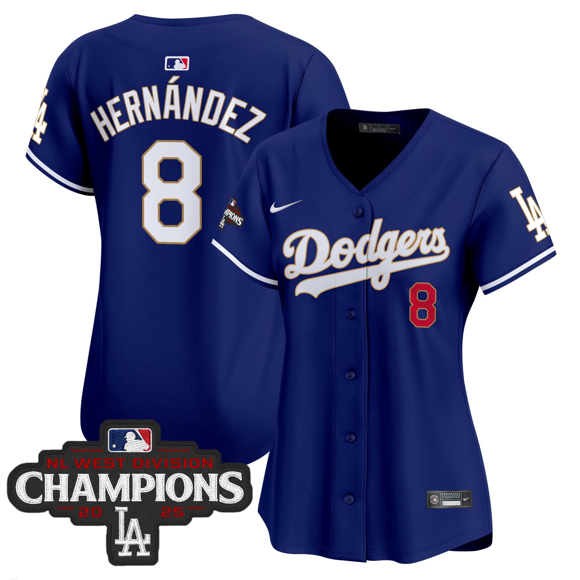 Women's Dodgers 2025 NL West Division Champions Patch Gold Trim Vapor Premier Limited Jersey - All Stitched