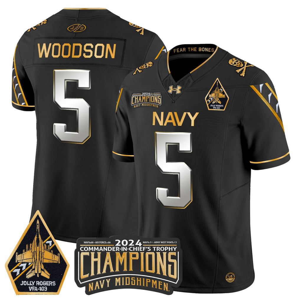 Men's Navy Midshipmen 2024 Commander-In-Chief's Trophy Champions Patch Gold Vapor Limited Jersey - All Stitched