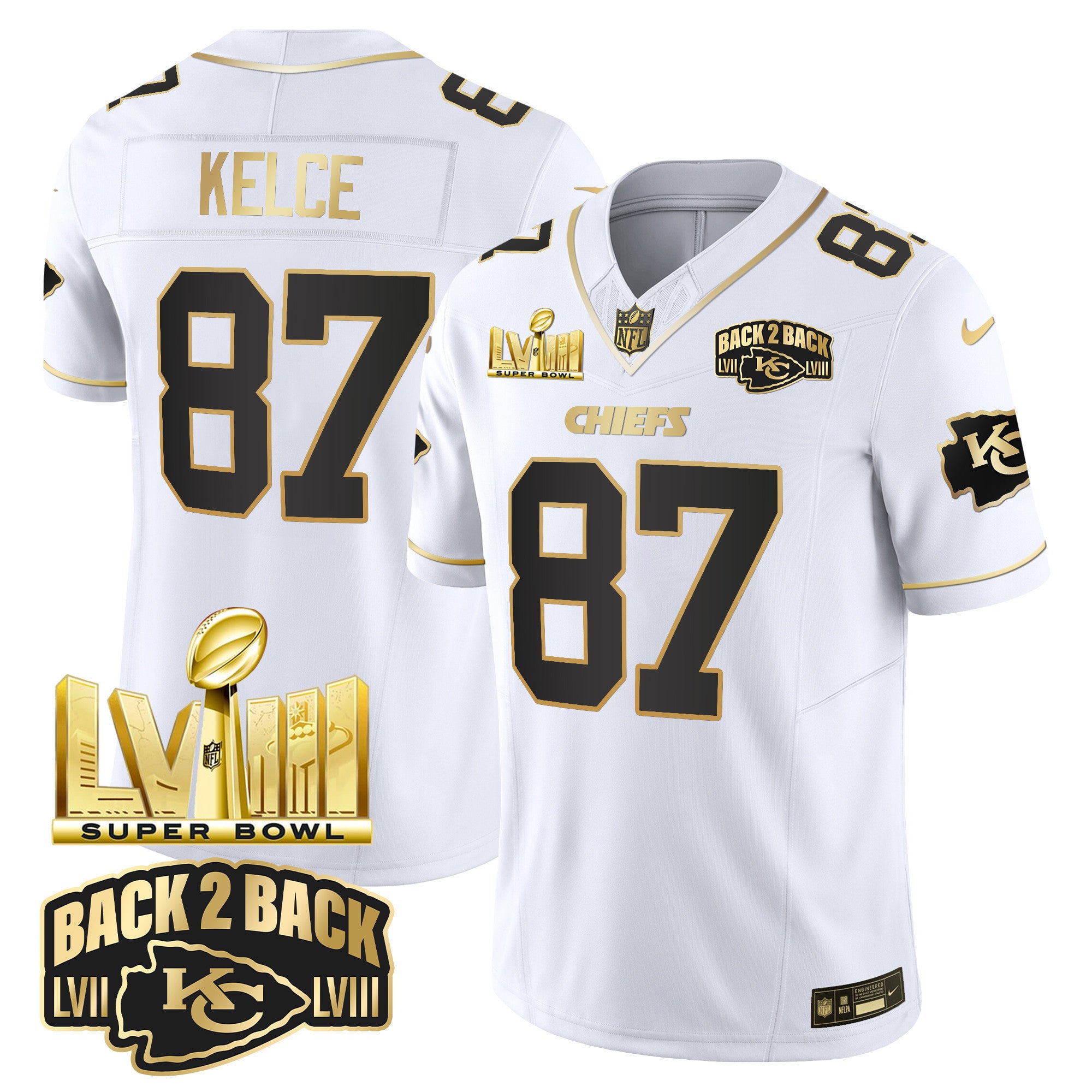 Men's Chiefs Super Bowl LVIII & Back 2 Back Gold Patch Vapor Jersey V2 - All Stitched