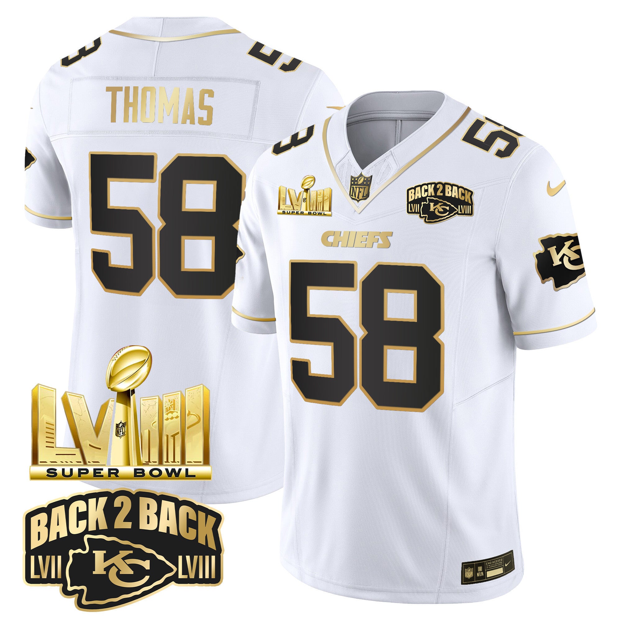 Men's Chiefs Super Bowl LVIII & Back 2 Back Gold Patch Vapor Jersey V2 - All Stitched