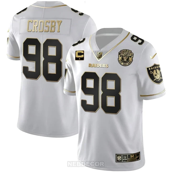 MEN'S RAIDERS SUPER BOWL CHAMPIONS PATCH WHITE GOLD AND BLACK GOLD JERSEY - ALL STITCHED
