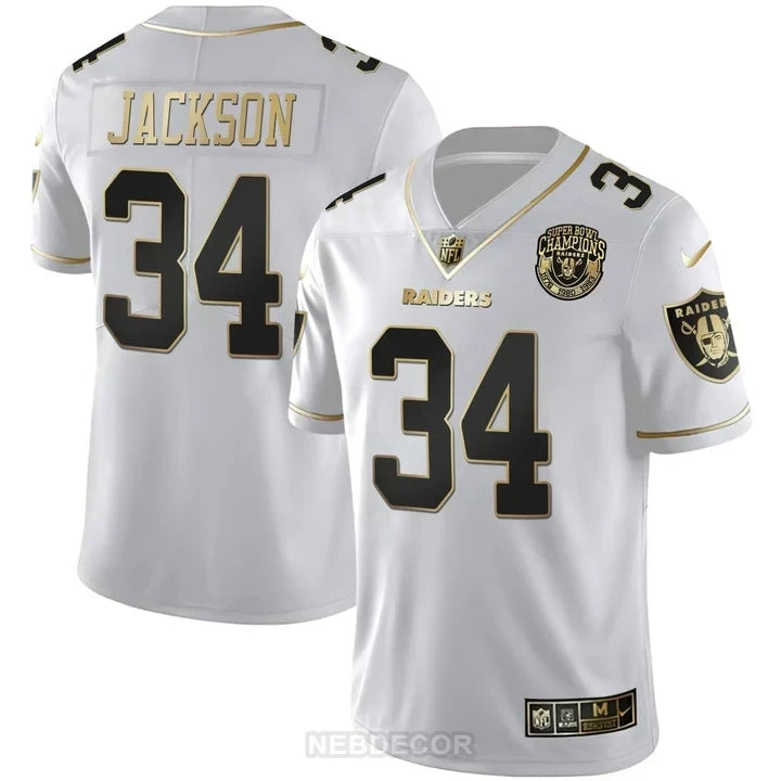 MEN'S RAIDERS SUPER BOWL CHAMPIONS PATCH WHITE GOLD AND BLACK GOLD JERSEY - ALL STITCHED